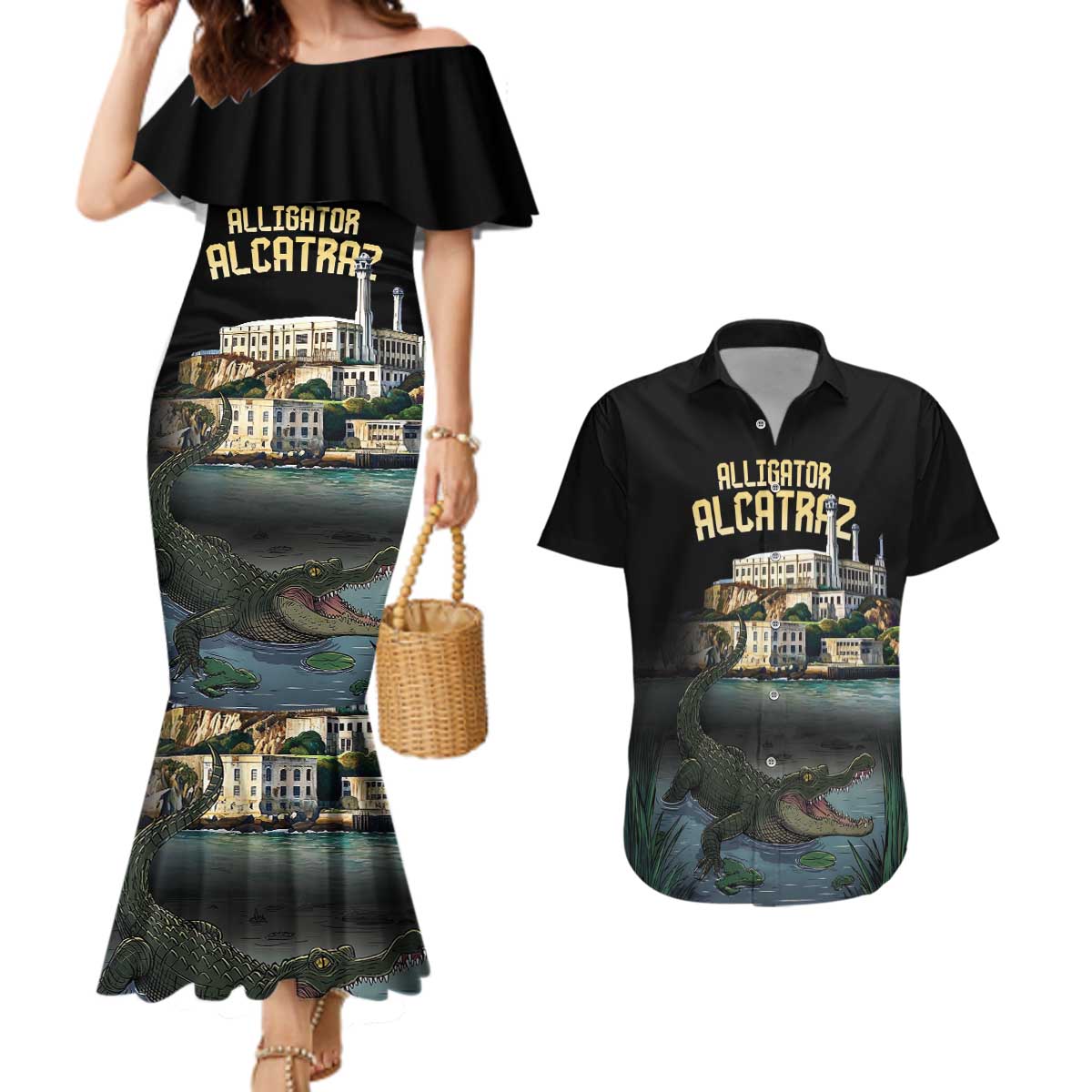 Everglades Alligator Alcatraz Florida Couples Matching Mermaid Dress and Hawaiian Shirt - Wonder Print Shop