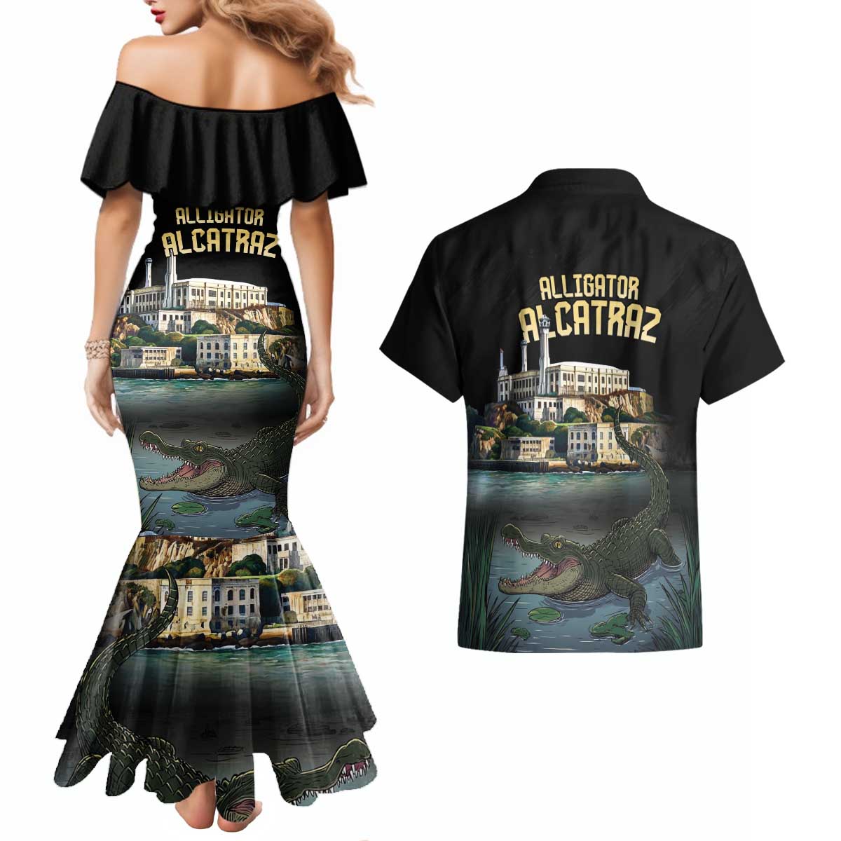 Everglades Alligator Alcatraz Florida Couples Matching Mermaid Dress and Hawaiian Shirt - Wonder Print Shop