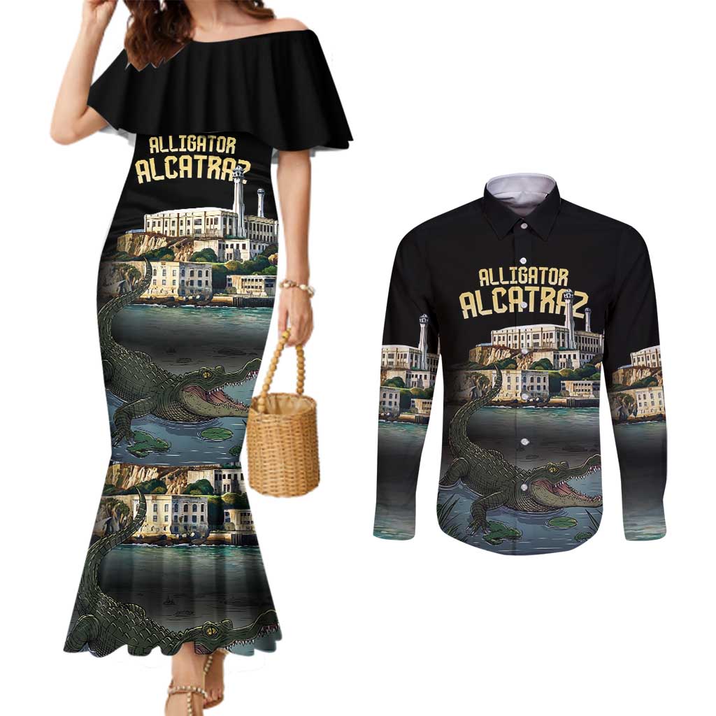 Everglades Alligator Alcatraz Florida Couples Matching Mermaid Dress and Long Sleeve Button Shirt - Wonder Print Shop