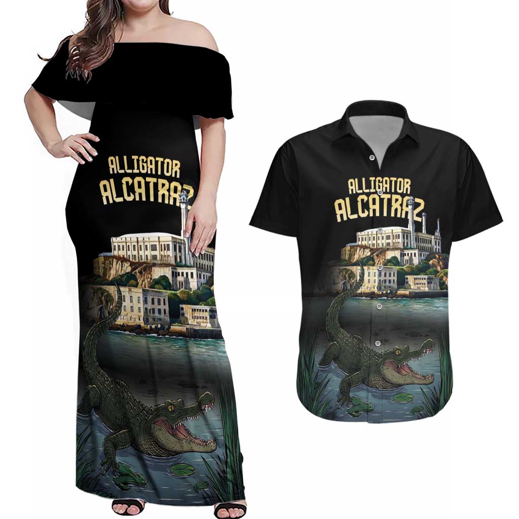 Everglades Alligator Alcatraz Florida Couples Matching Off Shoulder Maxi Dress and Hawaiian Shirt - Wonder Print Shop
