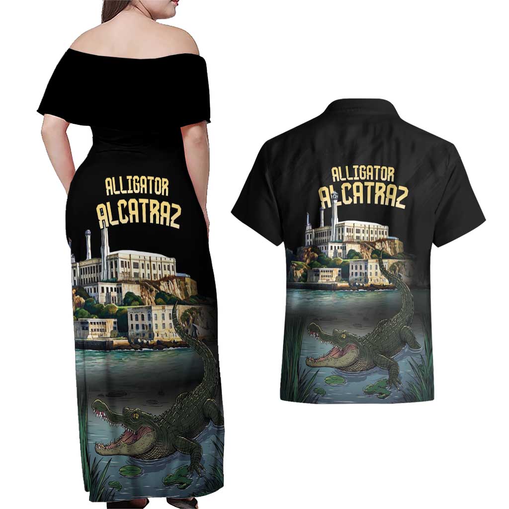 Everglades Alligator Alcatraz Florida Couples Matching Off Shoulder Maxi Dress and Hawaiian Shirt - Wonder Print Shop