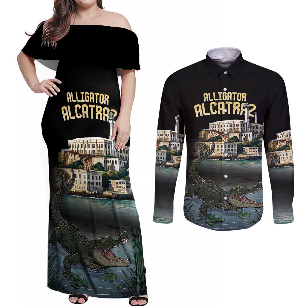 Everglades Alligator Alcatraz Florida Couples Matching Off Shoulder Maxi Dress and Long Sleeve Button Shirt - Wonder Print Shop