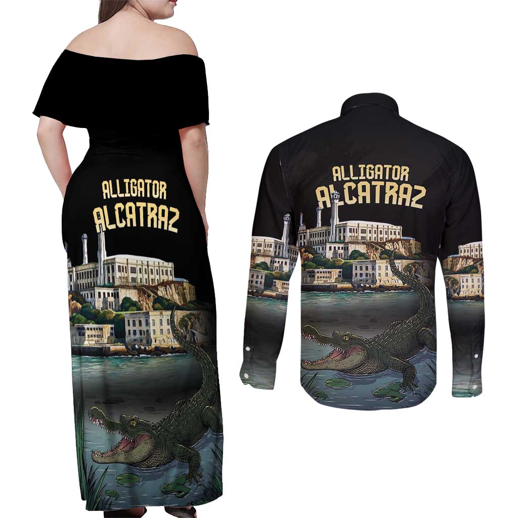 Everglades Alligator Alcatraz Florida Couples Matching Off Shoulder Maxi Dress and Long Sleeve Button Shirt - Wonder Print Shop