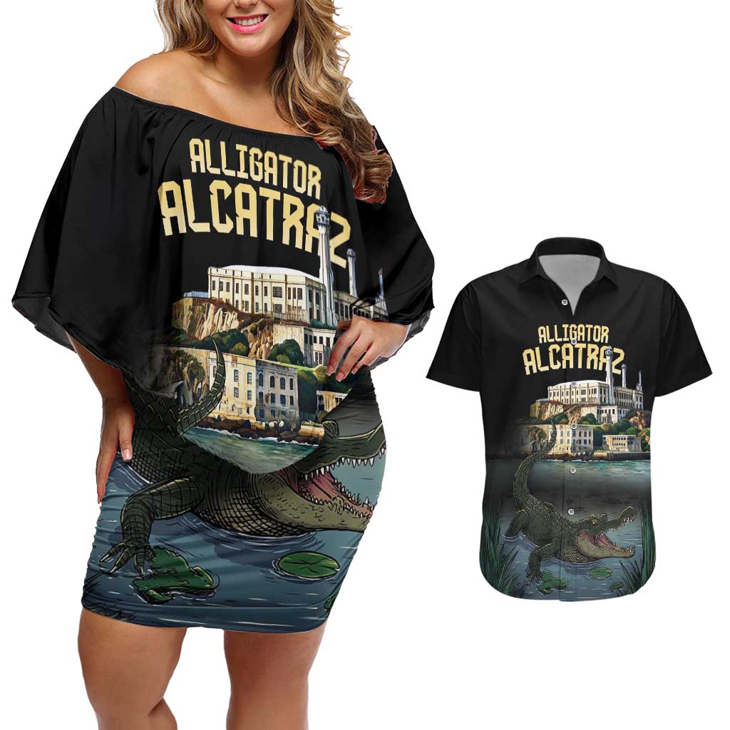 Everglades Alligator Alcatraz Florida Couples Matching Off Shoulder Short Dress and Hawaiian Shirt - Wonder Print Shop