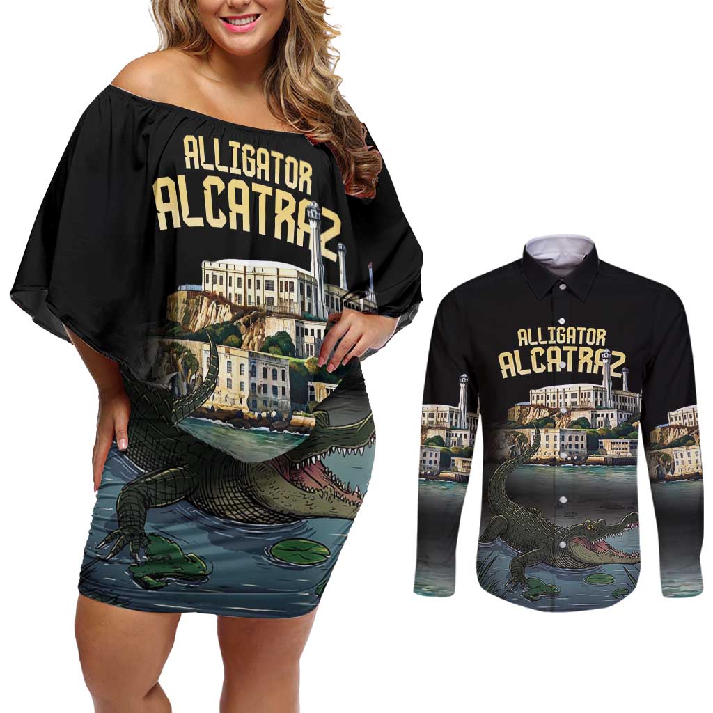 Everglades Alligator Alcatraz Florida Couples Matching Off Shoulder Short Dress and Long Sleeve Button Shirt - Wonder Print Shop