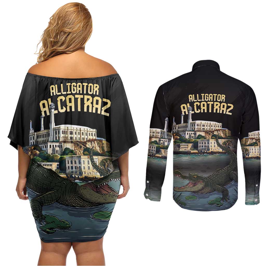 Everglades Alligator Alcatraz Florida Couples Matching Off Shoulder Short Dress and Long Sleeve Button Shirt - Wonder Print Shop
