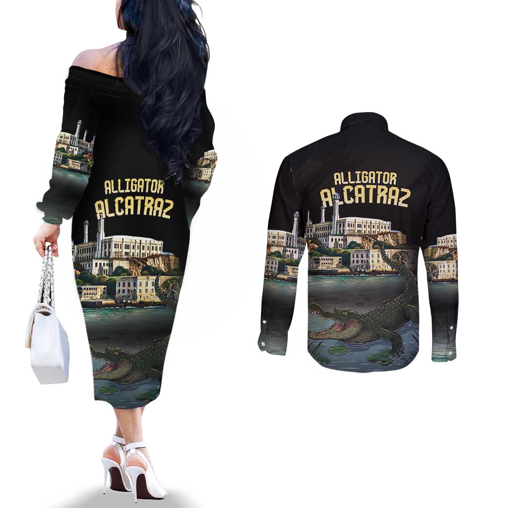 Everglades Alligator Alcatraz Florida Couples Matching Off The Shoulder Long Sleeve Dress and Long Sleeve Button Shirt - Wonder Print Shop