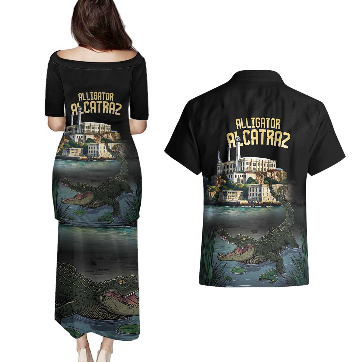 Everglades Alligator Alcatraz Florida Couples Matching Puletasi and Hawaiian Shirt - Wonder Print Shop
