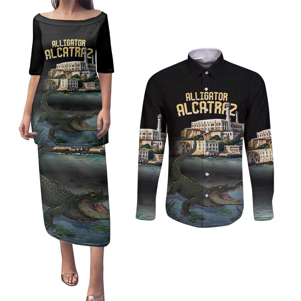 Everglades Alligator Alcatraz Florida Couples Matching Puletasi and Long Sleeve Button Shirt - Wonder Print Shop