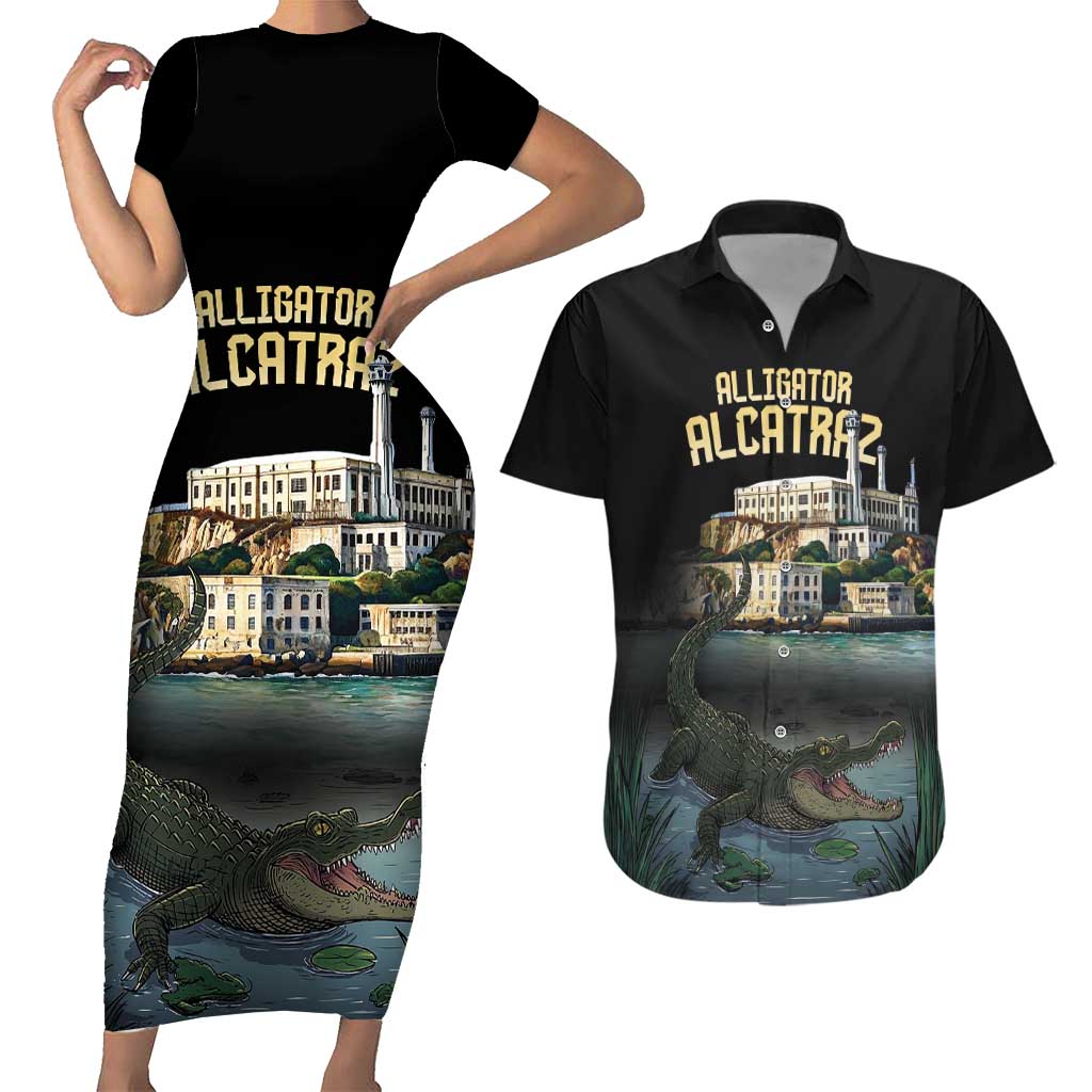 Everglades Alligator Alcatraz Florida Couples Matching Short Sleeve Bodycon Dress and Hawaiian Shirt - Wonder Print Shop