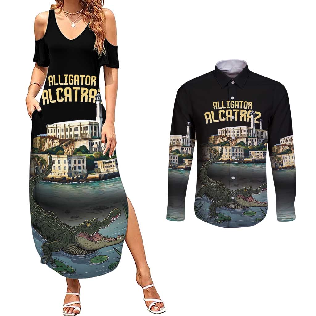 Everglades Alligator Alcatraz Florida Couples Matching Summer Maxi Dress and Long Sleeve Button Shirt - Wonder Print Shop