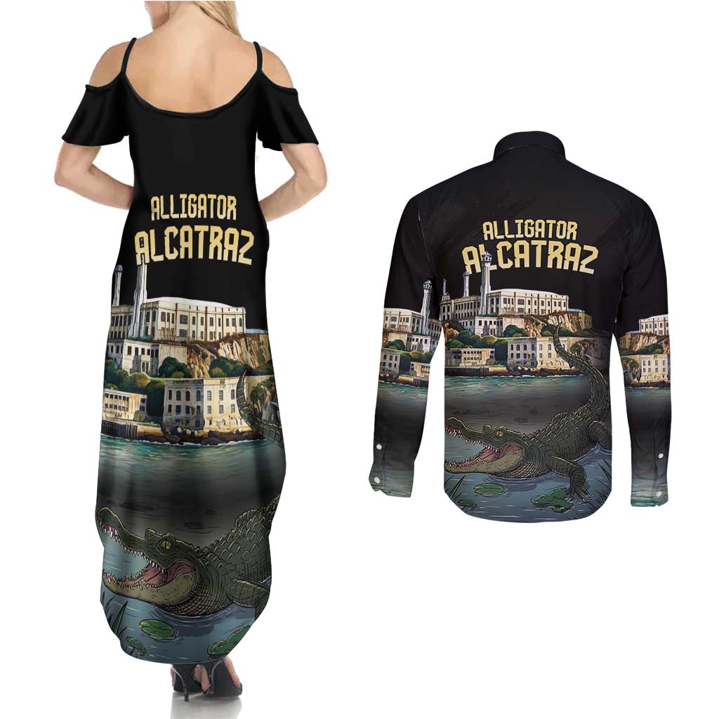 Everglades Alligator Alcatraz Florida Couples Matching Summer Maxi Dress and Long Sleeve Button Shirt - Wonder Print Shop