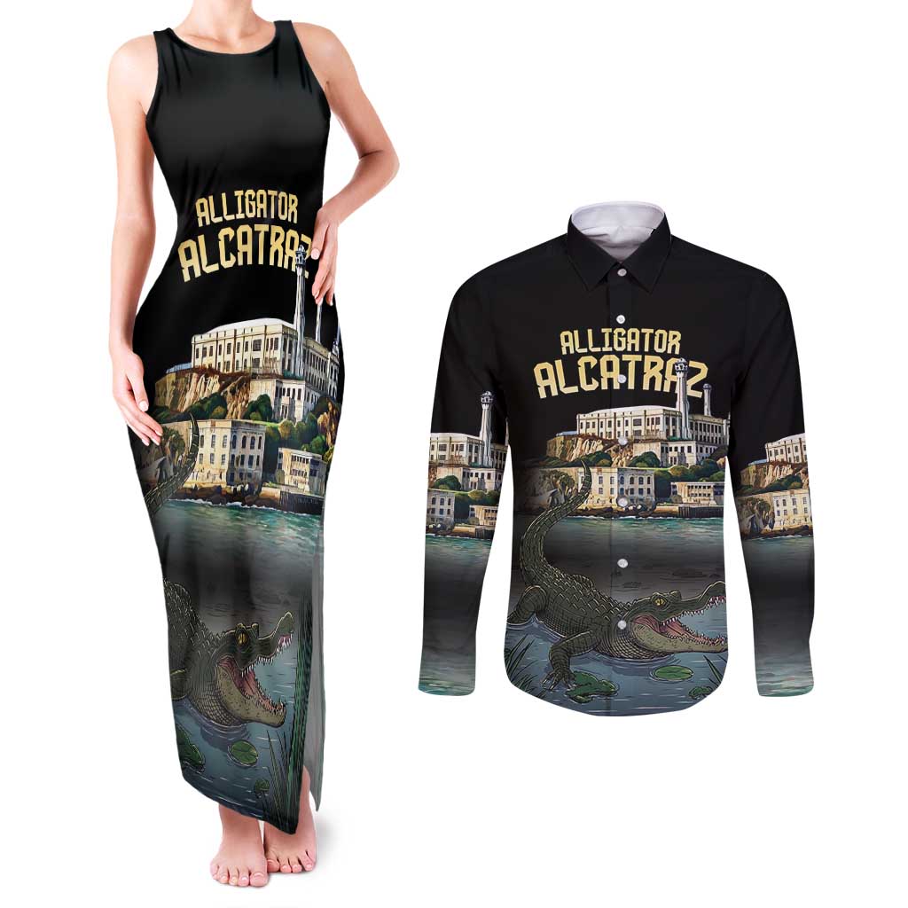 Everglades Alligator Alcatraz Florida Couples Matching Tank Maxi Dress and Long Sleeve Button Shirt - Wonder Print Shop