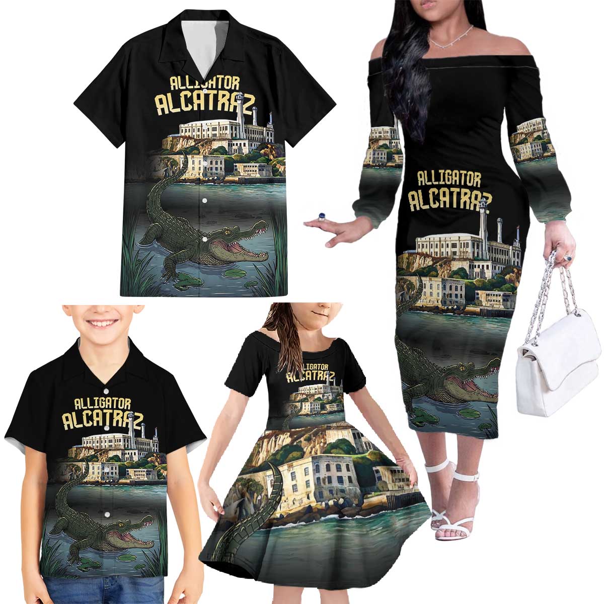 Everglades Alligator Alcatraz Florida Family Matching Off The Shoulder Long Sleeve Dress and Hawaiian Shirt - Wonder Print Shop