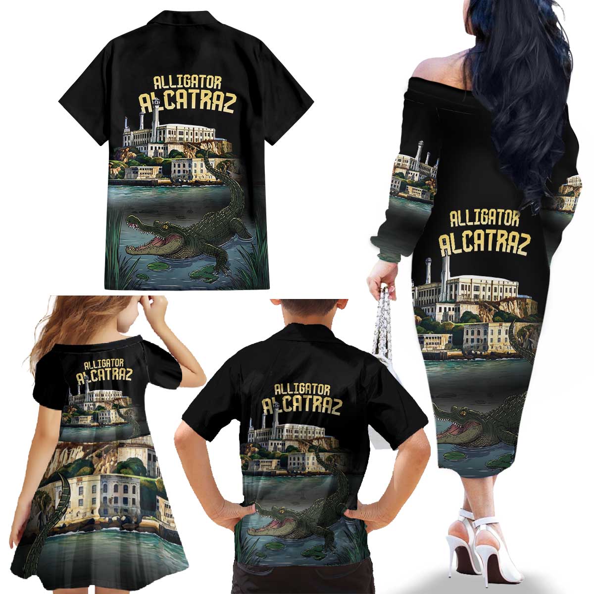 Everglades Alligator Alcatraz Florida Family Matching Off The Shoulder Long Sleeve Dress and Hawaiian Shirt - Wonder Print Shop