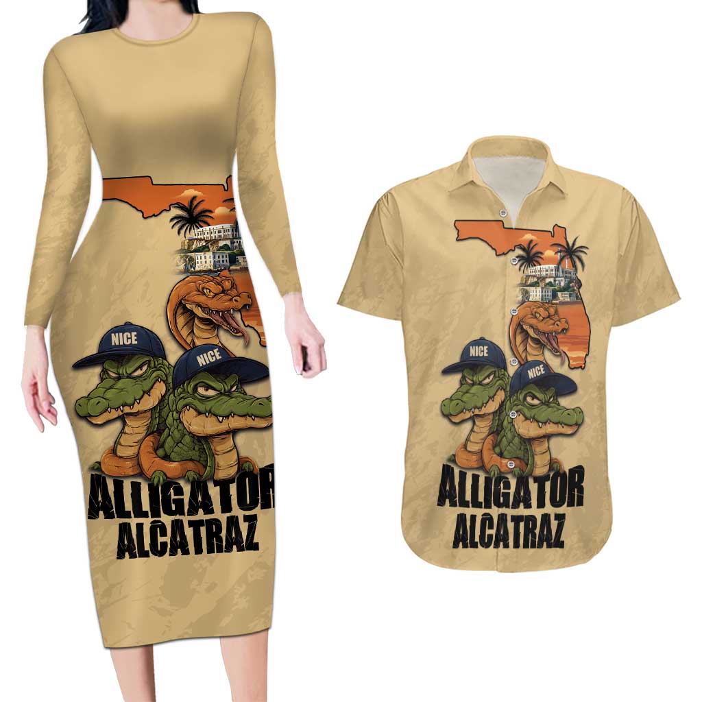 Alligator Alcatraz Prison Florida Everglades Couples Matching Long Sleeve Bodycon Dress and Hawaiian Shirt - Wonder Print Shop