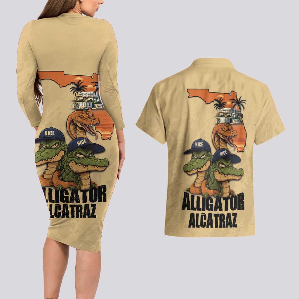 Alligator Alcatraz Prison Florida Everglades Couples Matching Long Sleeve Bodycon Dress and Hawaiian Shirt - Wonder Print Shop
