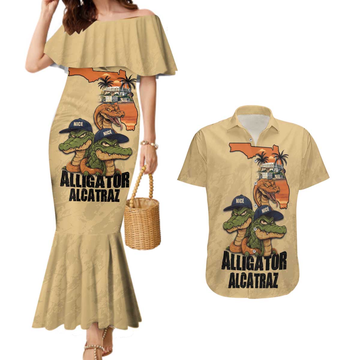 Alligator Alcatraz Prison Florida Everglades Couples Matching Mermaid Dress and Hawaiian Shirt - Wonder Print Shop