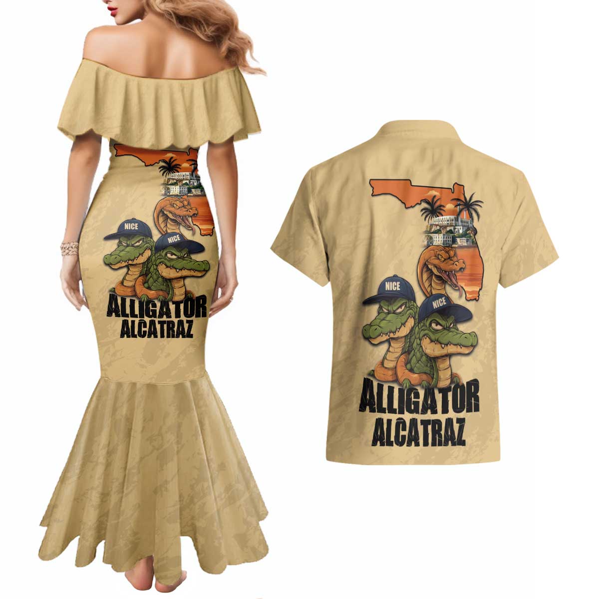 Alligator Alcatraz Prison Florida Everglades Couples Matching Mermaid Dress and Hawaiian Shirt - Wonder Print Shop