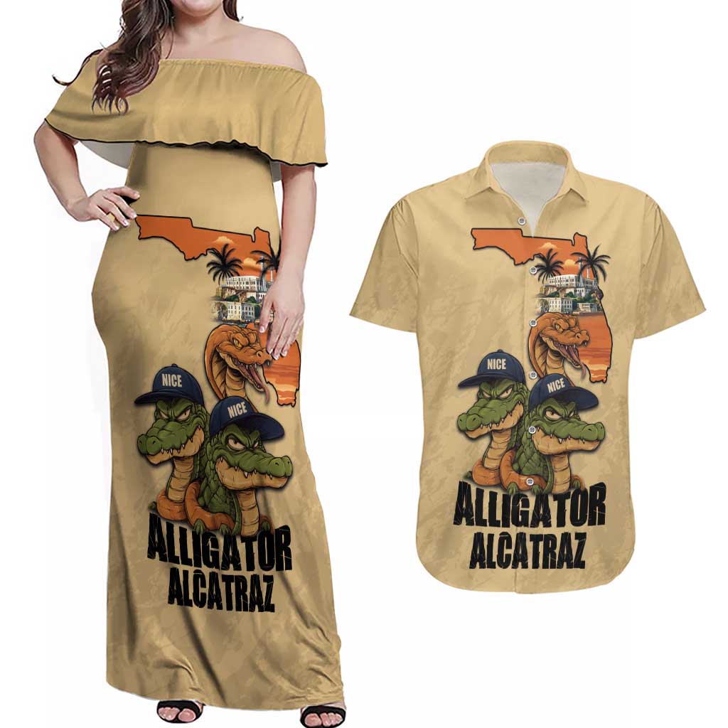 Alligator Alcatraz Prison Florida Everglades Couples Matching Off Shoulder Maxi Dress and Hawaiian Shirt - Wonder Print Shop