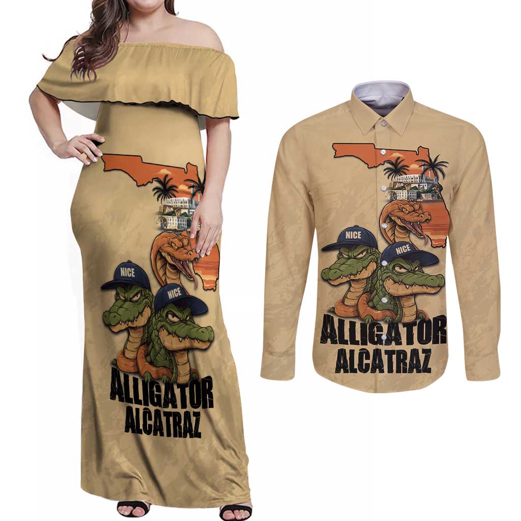 Alligator Alcatraz Prison Florida Everglades Couples Matching Off Shoulder Maxi Dress and Long Sleeve Button Shirt - Wonder Print Shop