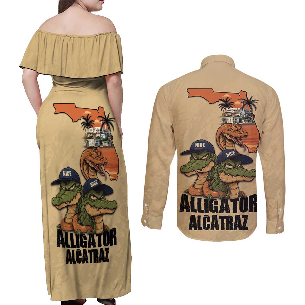 Alligator Alcatraz Prison Florida Everglades Couples Matching Off Shoulder Maxi Dress and Long Sleeve Button Shirt - Wonder Print Shop