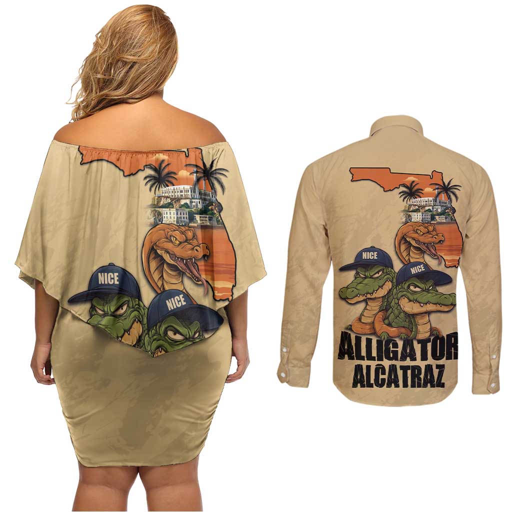 Alligator Alcatraz Prison Florida Everglades Couples Matching Off Shoulder Short Dress and Long Sleeve Button Shirt - Wonder Print Shop