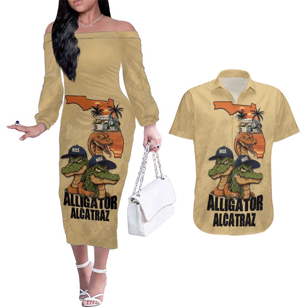 Alligator Alcatraz Prison Florida Everglades Couples Matching Off The Shoulder Long Sleeve Dress and Hawaiian Shirt - Wonder Print Shop