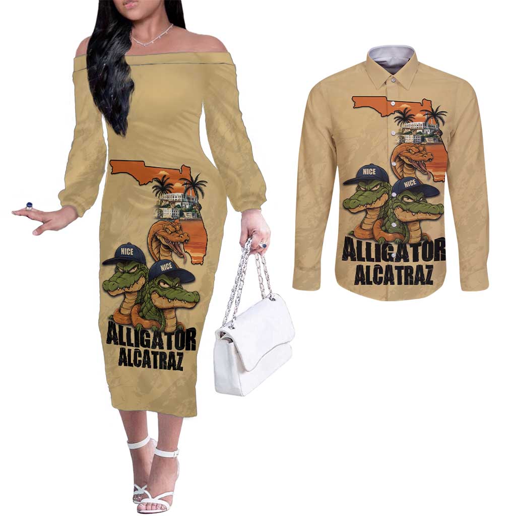 Alligator Alcatraz Prison Florida Everglades Couples Matching Off The Shoulder Long Sleeve Dress and Long Sleeve Button Shirt - Wonder Print Shop