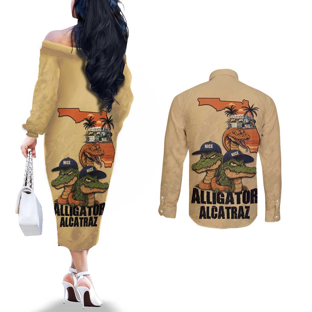 Alligator Alcatraz Prison Florida Everglades Couples Matching Off The Shoulder Long Sleeve Dress and Long Sleeve Button Shirt - Wonder Print Shop