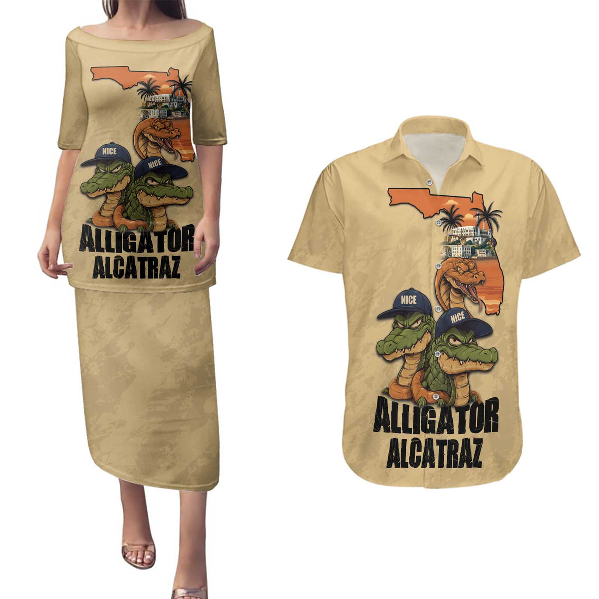 Alligator Alcatraz Prison Florida Everglades Couples Matching Puletasi and Hawaiian Shirt - Wonder Print Shop