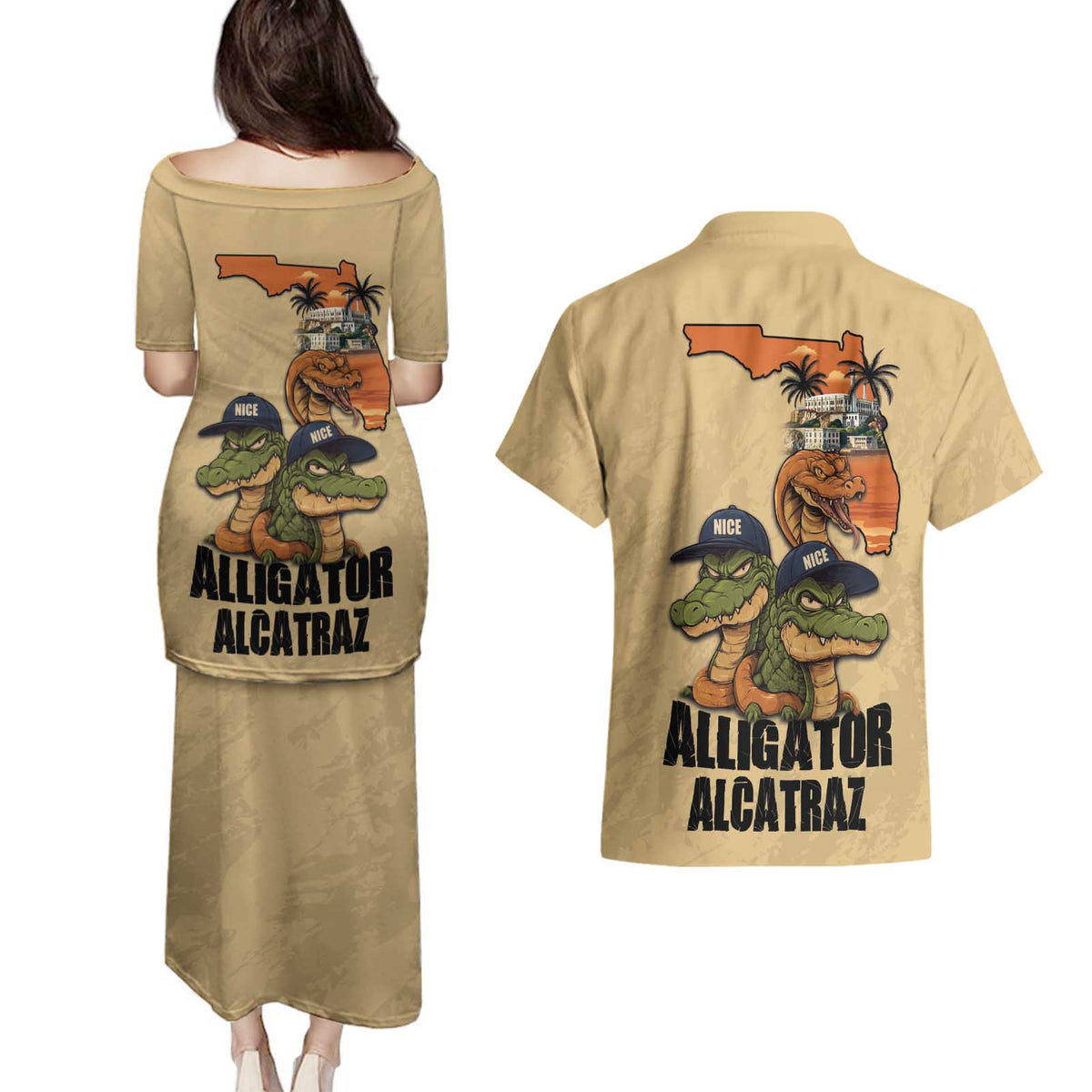 Alligator Alcatraz Prison Florida Everglades Couples Matching Puletasi and Hawaiian Shirt - Wonder Print Shop