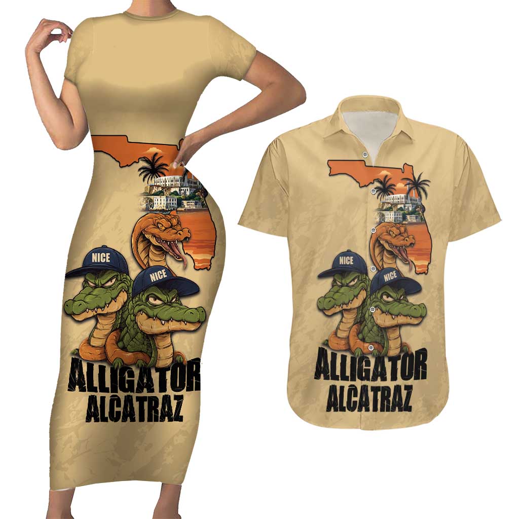 Alligator Alcatraz Prison Florida Everglades Couples Matching Short Sleeve Bodycon Dress and Hawaiian Shirt - Wonder Print Shop