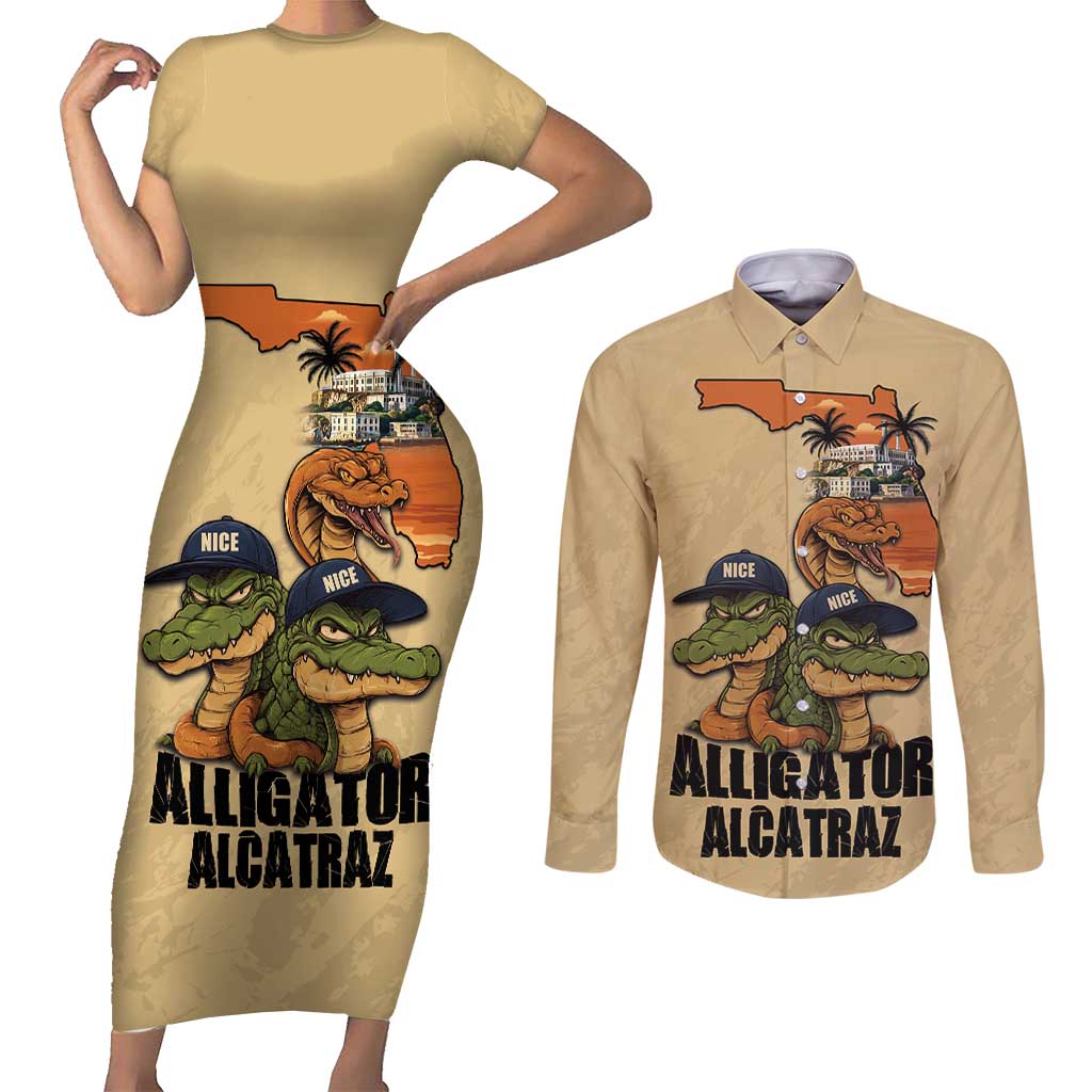 Alligator Alcatraz Prison Florida Everglades Couples Matching Short Sleeve Bodycon Dress and Long Sleeve Button Shirt - Wonder Print Shop