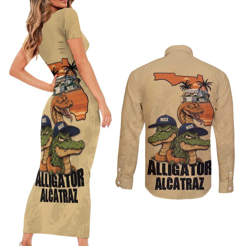 Alligator Alcatraz Prison Florida Everglades Couples Matching Short Sleeve Bodycon Dress and Long Sleeve Button Shirt - Wonder Print Shop