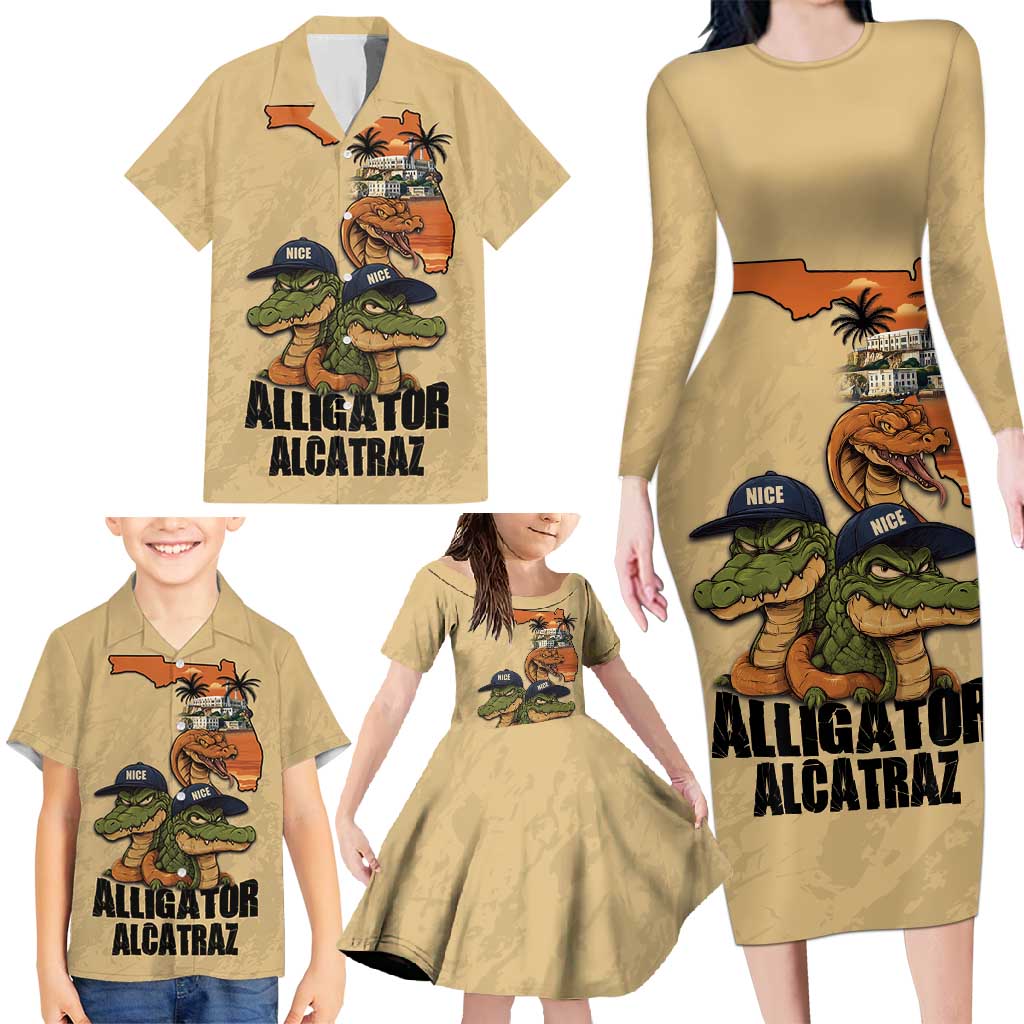 Alligator Alcatraz Prison Florida Everglades Family Matching Long Sleeve Bodycon Dress and Hawaiian Shirt - Wonder Print Shop