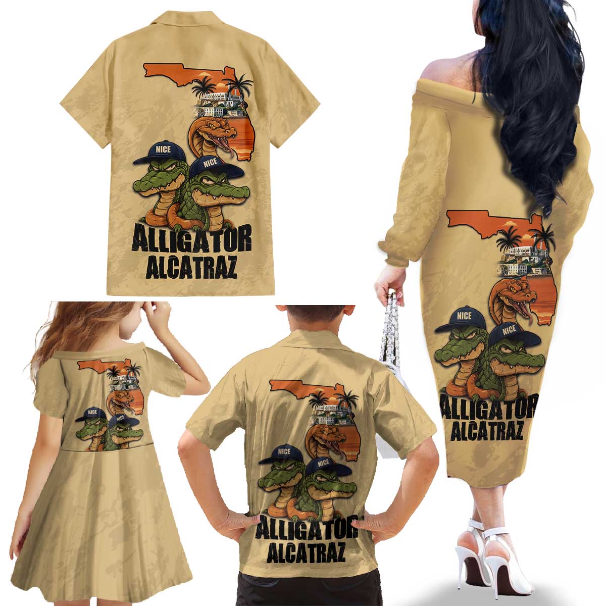 Alligator Alcatraz Prison Florida Everglades Family Matching Off The Shoulder Long Sleeve Dress and Hawaiian Shirt - Wonder Print Shop
