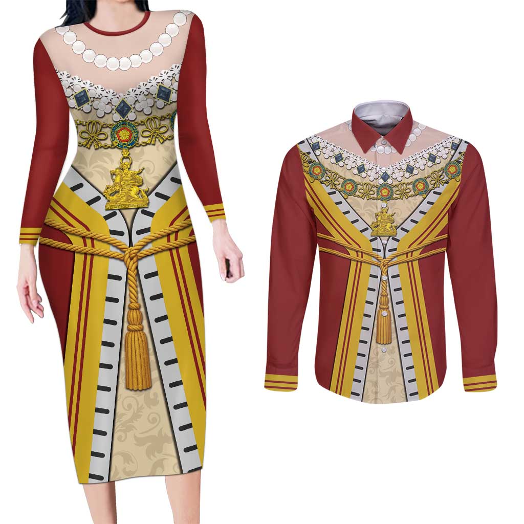 Victoria England Costume Couples Matching Long Sleeve Bodycon Dress and Long Sleeve Button Shirt - Wonder Print Shop