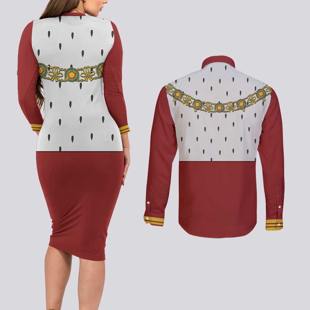 Victoria England Costume Couples Matching Long Sleeve Bodycon Dress and Long Sleeve Button Shirt - Wonder Print Shop