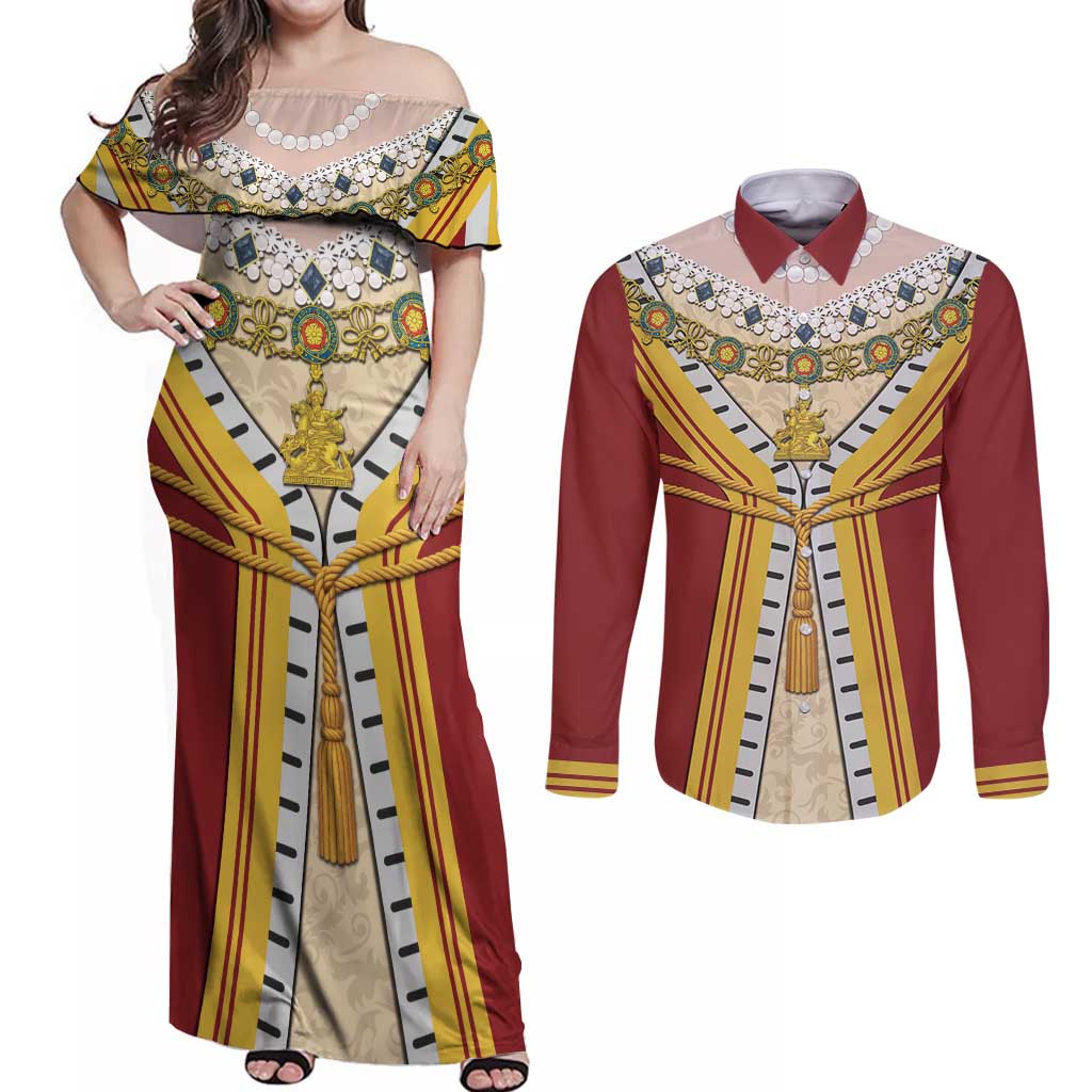 Victoria England Costume Couples Matching Off Shoulder Maxi Dress and Long Sleeve Button Shirt - Wonder Print Shop