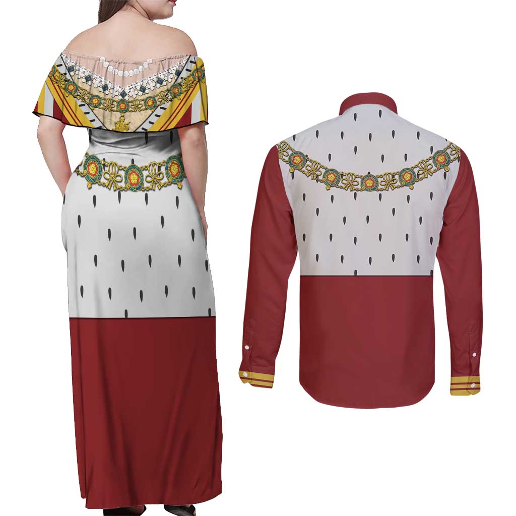 Victoria England Costume Couples Matching Off Shoulder Maxi Dress and Long Sleeve Button Shirt - Wonder Print Shop
