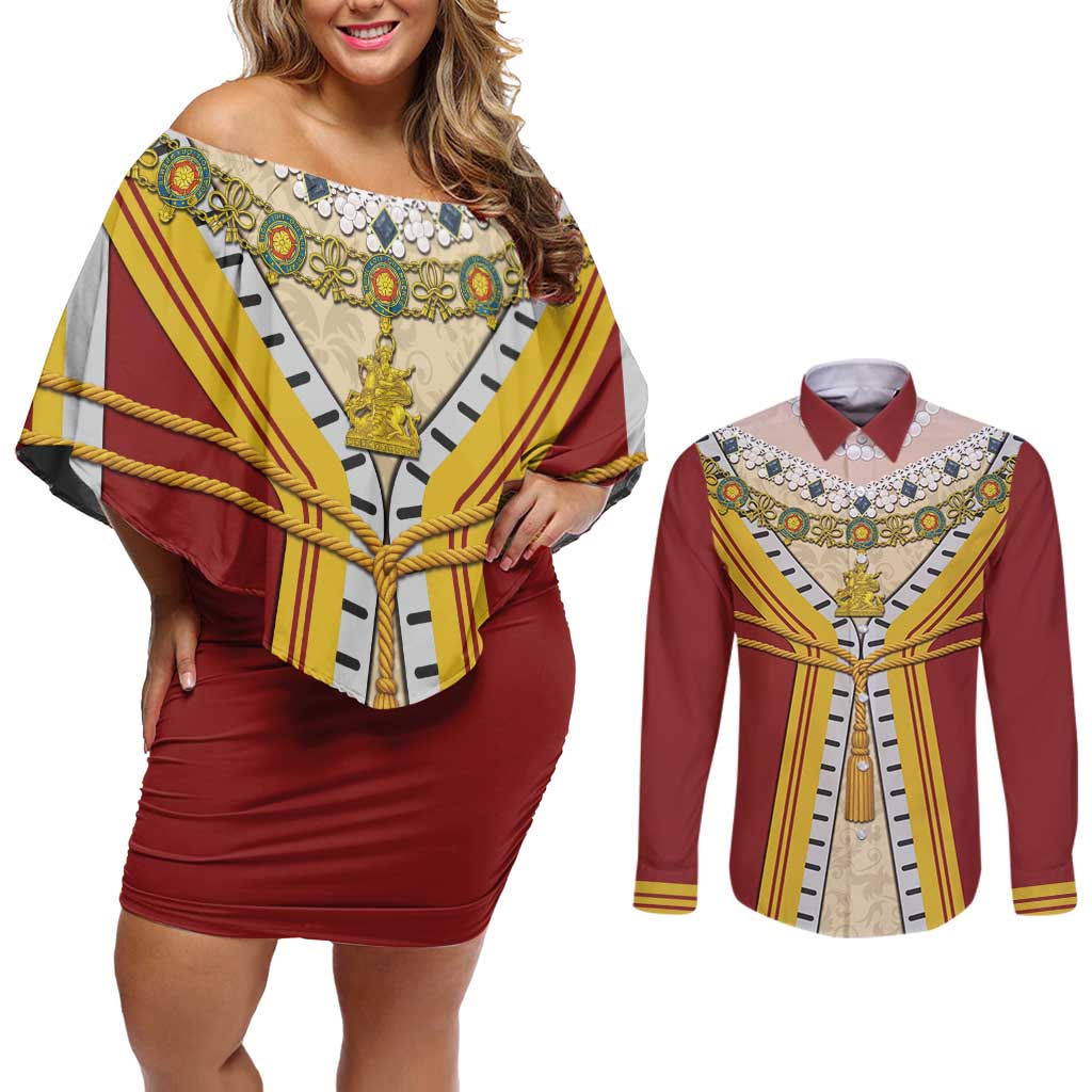 Victoria England Costume Couples Matching Off Shoulder Short Dress and Long Sleeve Button Shirt - Wonder Print Shop