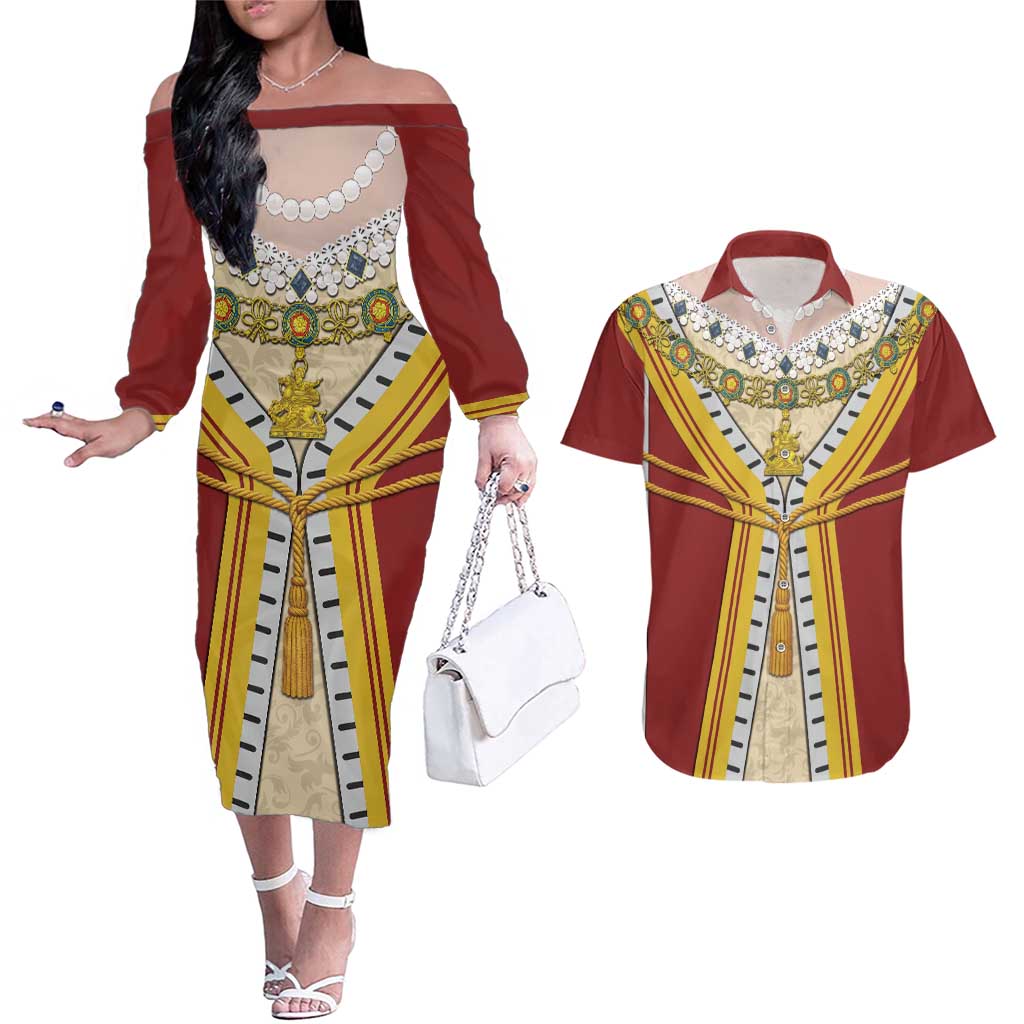 Victoria England Costume Couples Matching Off The Shoulder Long Sleeve Dress and Hawaiian Shirt - Wonder Print Shop