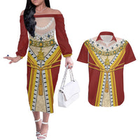 Victoria England Costume Couples Matching Off The Shoulder Long Sleeve Dress and Hawaiian Shirt - Wonder Print Shop