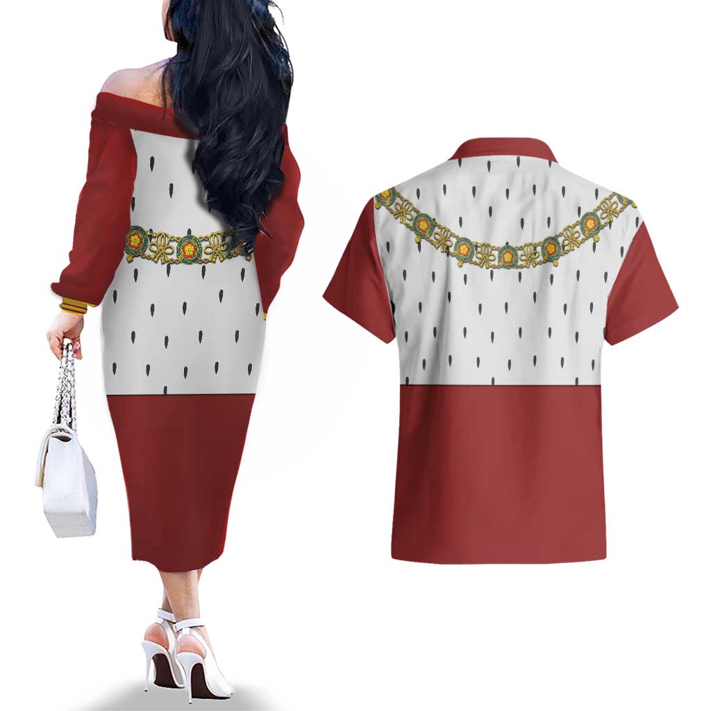 Victoria England Costume Couples Matching Off The Shoulder Long Sleeve Dress and Hawaiian Shirt - Wonder Print Shop