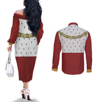 Victoria England Costume Couples Matching Off The Shoulder Long Sleeve Dress and Long Sleeve Button Shirt - Wonder Print Shop