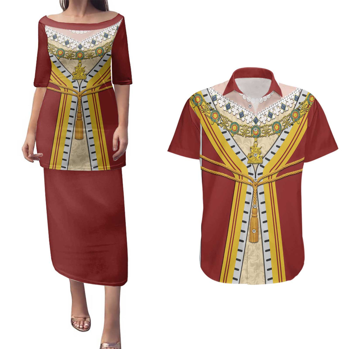 Victoria England Costume Couples Matching Puletasi and Hawaiian Shirt - Wonder Print Shop