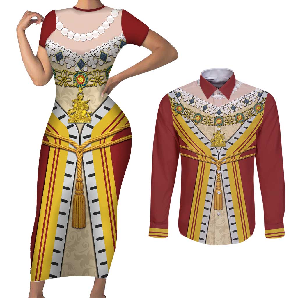 Victoria England Costume Couples Matching Short Sleeve Bodycon Dress and Long Sleeve Button Shirt - Wonder Print Shop