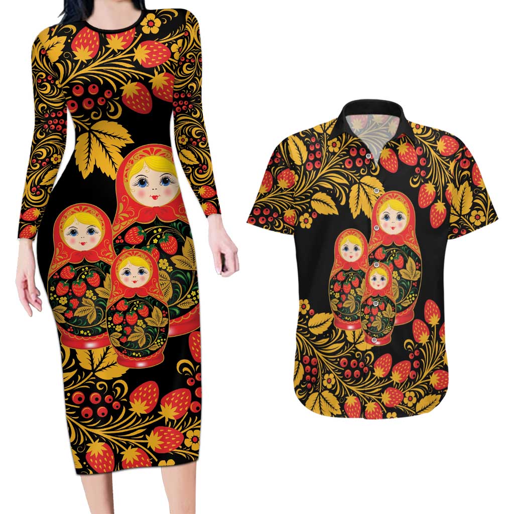 Russian Matryoshka Doll Couples Matching Long Sleeve Bodycon Dress and Hawaiian Shirt Khokhloma Patterns - Wonder Print Shop