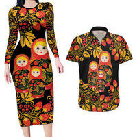Russian Matryoshka Doll Couples Matching Long Sleeve Bodycon Dress and Hawaiian Shirt Khokhloma Patterns - Wonder Print Shop